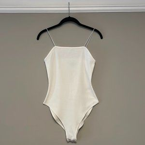 Women's White Ribbed Spaghetti Strap Bodysuit